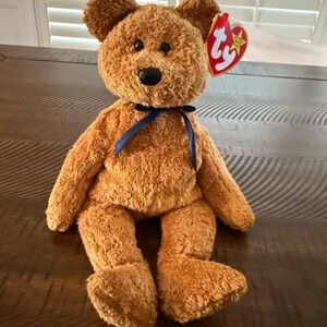 Ty Tan Plush Bear with Blue Ribbon